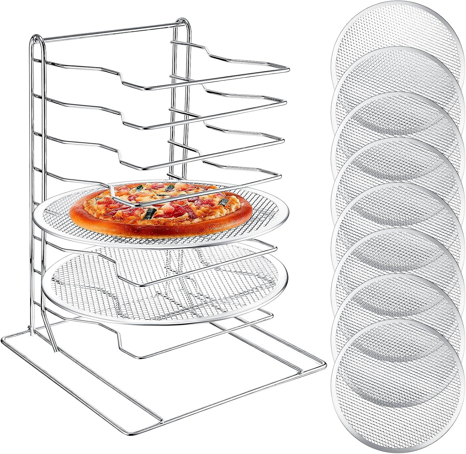 Kitchen Baking Pan - ชั้นวางพิซซ่า 8 ชั้น พร้อมถาดอบอลูมิเนียม 8 ถาดที่มีรู